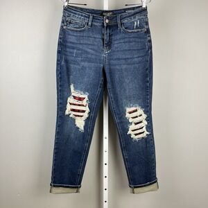Judy Blue Buffalo Plaid Patch Jeans Womens‎ 7/28 Boyfriend Fit Cuffed Distressed